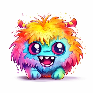 whimsical kawaii chibi fluffy colorful monster with big eyes, big teeth cartoon clipart on white background with margins, watercolor, icon, sticker, vivid colors, full colors, and details, 32k, 3d
