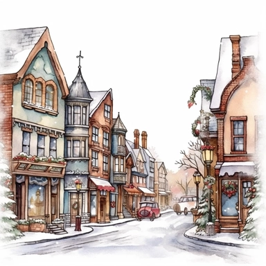 Christmas street, Ornamental watercolor, clipart, I can't believe how beautiful this is , style by Lucy Fleming, watercolor, smooth gradients, black contour outline, ultra detailed, clipart elements, delicate pastel colors, solid white background, super clear, high quality