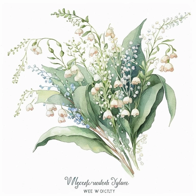 A watercolor clipart featuring a delicate bouquet of muguet (lily of the valley) flowers. The flowers are depicted with intricate details, capturing the texture and delicacy of each petal and leaf. The bouquet includes a variety of muguet flower types, such as small sprigs with delicate flowers and long stems with clusters of blooms. The watercolor technique used in the painting gives the image a soft, dreamy quality, with the colors blending together in a way that suggests movement and life. Th