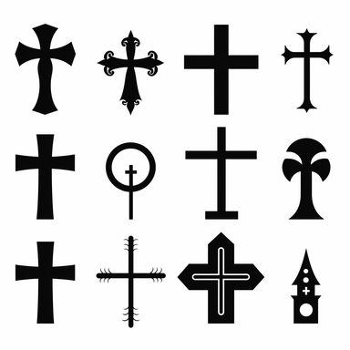 black vector icons of different designs christian crosses, on a white background, hd vector, clipart, cartoon style, minimalistic simple , 4k
