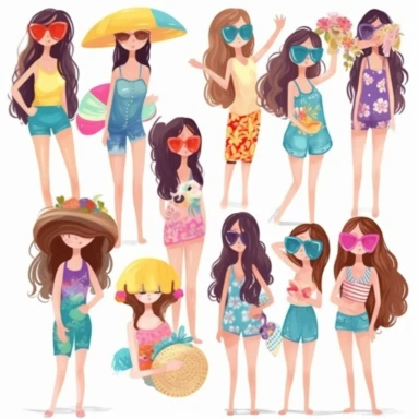 Beach girl clipart, cute girl illustration, girls squad, White background, vivid color, summer hot theme.