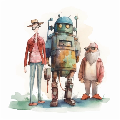An evil robot standing next to three hipsters. clipart, aquarell, UHD