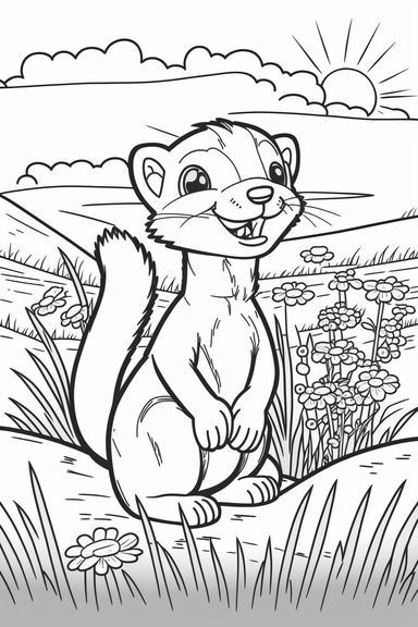 a happy ferret in grasslands, black and white clipart for a kids coloring page, simple and clean, thin line art, accurate features, proportionally sized, illustration style,