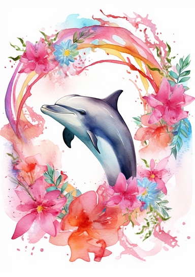 a realistic Bahamian spotted dolphin surrounded by a wreath of waves, frangipani and bougainvillea, artistic watercolor clipart, no cutoff