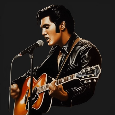 portrait view, full view, head to toe, beautiful image of Elvis Presley dressed in black leather jacket, black leather pants, with guitar and microphone, romantic, ethereal, fantasy, sharp focus, high detail, 8k, illustration clipart style, transparent background, (--iw 8)