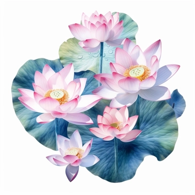 Top view, drone shot, lotus flowers with bud floating on the water artistic watercolor with a delicate touch with shadow gradation white background clipart high quality 8k hyper detailed