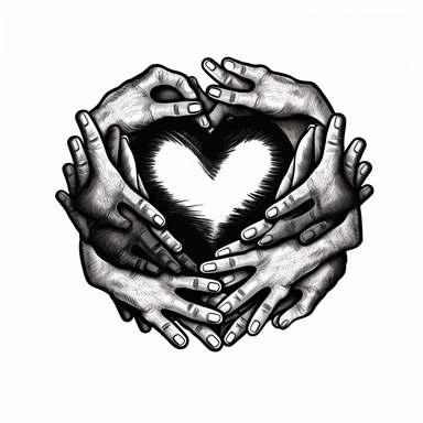 holding hand inside of a heart, multiple hands, black and white, clipart style