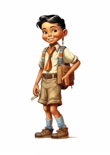 a fashionable adorable little Native American Indian boy from the 1950s, ready for school, smiling, vintage retro 1950s artwork, high definition, clipart, white background