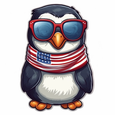 Sticker, American flag with penguin scarf and sunglasses Sublimation Clipart, Cartoon funny, Cute anime, Very detailed, white background