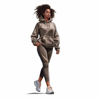 watercolor style, beautiful african american woman wearing tracksuit, hoodie and sneakers, realistic, clipart, isolated on white background, 4K