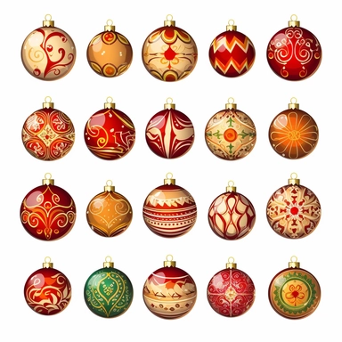 christmas ball elements clipart, vector, flat, 4k, isolated on white background, spaced out ar 3:2