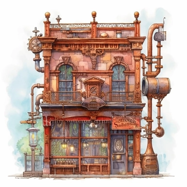 Step into a Steampunk era with this café exterior. Adorned with copper pipework, weathered metal walls, steam valves, and a whimsical weather vane designed from reclaimed machinery. It’s a mechanical marvel that beckons visitors. Hyper-realistic, watercolor Cafe Storefront Clipart, white background