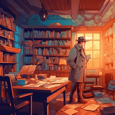 youtube banner image, 2048*1152 pixels, detective looking for paper in library, clip art illustration
