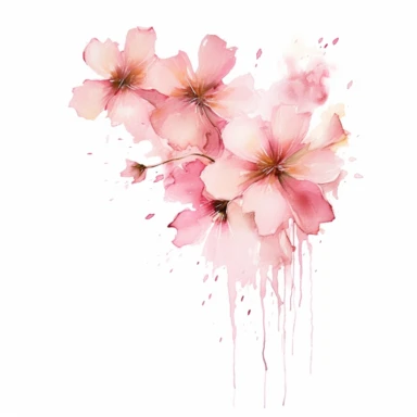 Whimsical watercolor illustration of pink flowers floating in the air, depicted from a side angle, with loose brushstrokes adding a sense of movement, clipart on a clean white backdrop.