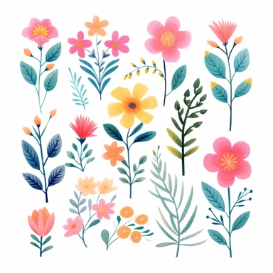 beautiful hand painted illustration of flowers, clipart on white background in the style of Rifle Paper Company, pastel colors of pink, teal, yellow and blue, gouache, flat color, 2d,