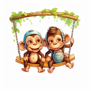 Cute Beautiful Happy Face Couple Baby Monkey sit on a swing Sublimation Clipart, Cartoon, hyper realistic, intricate detail, illustration style, high solution, on the white background