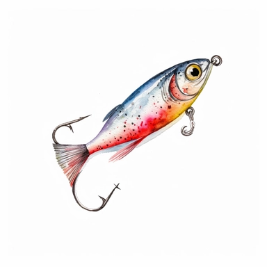 Watercolor fishing lure clipart, white isolated background, space out, hd