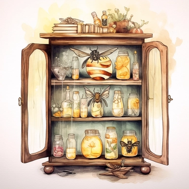 whimsical watercolour clip art curiosity cabinet with glass doors. Bee and honey themed