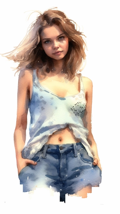 watercolor stylized clipart of a gorgeous french woman bombshell with very hairy unshaved armpits, wearing a white croptop and denim shorts, posing, epic light, chaotic,