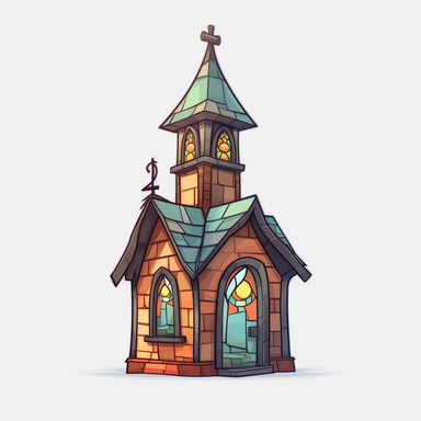 a little cartoon church, pixar, clipart, stained glass windows, cross on top, blank background, sharp lines, 8k