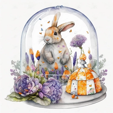 a realistic cute bunny eating a carrot in a glass dome, patterned Easter eggs on a stand, candles and easter muffins, watercolor effect, realistic figures , kids story style, soft colored view , fantastic scene, small colored flowers and lavender , white background , suitable for digital clipart