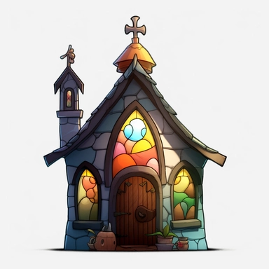 a little cartoon church, pixar, clipart, stained glass windows, cross on top, blank background, sharp lines, 8k
