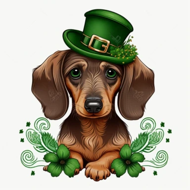 cute dachshund wearing a leprechaun hat, surrounded by shamrocks, clipart style