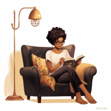 Melanin girl PNG | Black Girl Clipart, Black Woman Illustration, African American Fashion Digital Print, Self Love Clipart, pixie cut hairstyle, sitting on couch reading a book