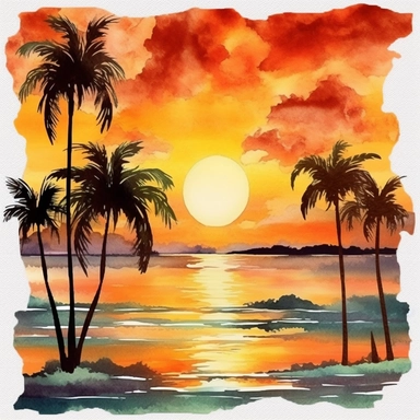 watercolor tropical sunsets clipart, digital graphics beach landscape