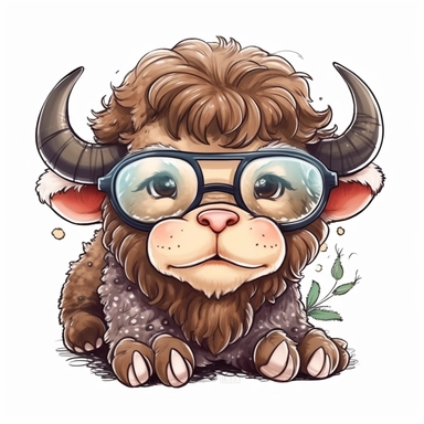 kawaii adorable buffalo wearing cute glasses, nursery art, clipart image, line art image, white background, inspired by yoshitaka amano art, very detailed, 8k