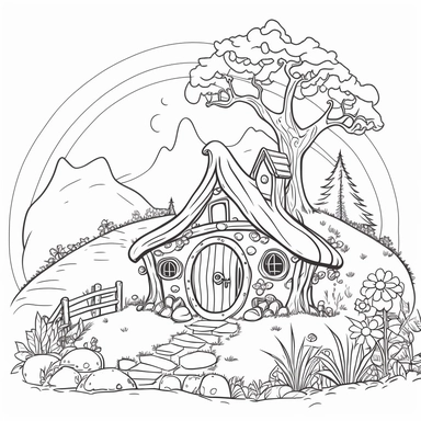Coloring book page for kids, a hobbit house in a hill, clipart, cartoon kids style hand drawn line art, black and white
