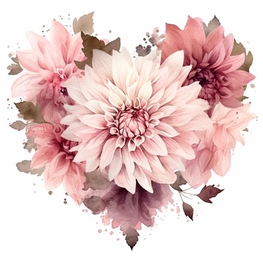 a heart shape made with soft pink and pastel pink Dahlia flowers, wet on dry watercolour style, dark gothic antique look, clipart, white background