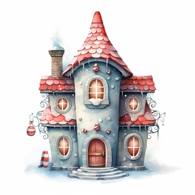 A watercolor painting of cute christmas house, christmas elf house, christmas house, cute detailed digital art, inspired by nicoletta ceccoli, by Kubisi art, whimsical and cute, by nicoletta ceccoli, cute detailed artwork, glimmering, adorable and whimsical, whimsical art, Clipart style, png style, svg style, blank white background, a solid white background