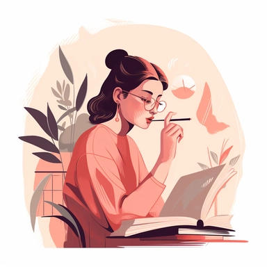 vector design, image of a woman, taking her final education exam with a book, flat modern illustration, clipart, white background, atey ghailan, nature study, in the style of warm color palette, natural pastel colors, orange and pink prevail, object portraiture specialist, animated illustrations, style by Tom Witen, by ai yazawa