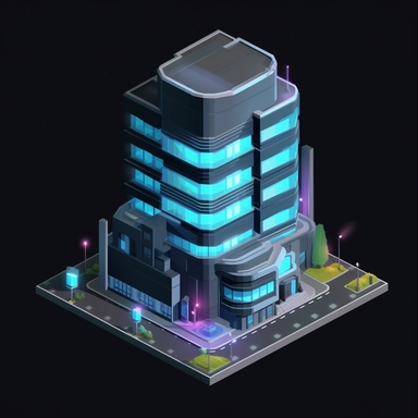 isometric perspective, game sprite, futuristic random office building concept, gaming asset, sci-fi, fun, creative, cartoon, clipart, hyper-detailed, black background,