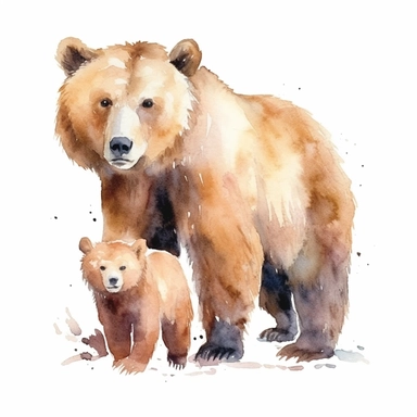 A Bear and her cub Watercolor isolated on white background, Watercolor Clipart painting, high quality, HD, children's book illustrations, realistic lifelike figures, white background