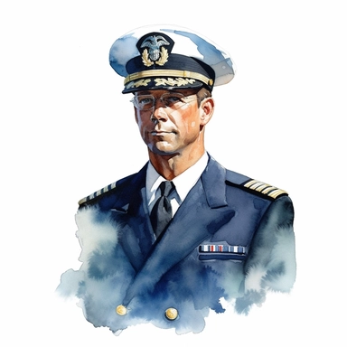 Naval captain wearing a blue uniform , watercolor by Nita Engle, Clipart, vectorized with white background,