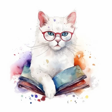 White Cat Reading Book, Nerdy Cat Wearing Glasses, Watercolor Clipart, 8k, White Background, surrounded by glems, beautifull, cinematic, realistic