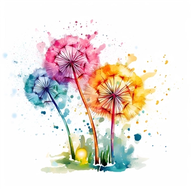 full head dandelions blowing in the wind. Paint Splashes on white background. Pink, purple, yellow, turquoise, green. Clipart