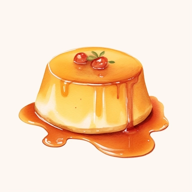 Watercolor vintage japanese caramel custard flan purin clipart, hd, on white background, spaced