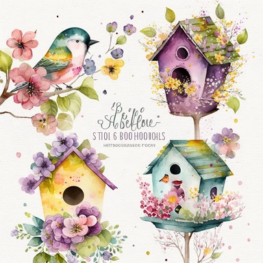 Watercolor Bird Houses Clipart - springtime cute birdhouses and blossoms