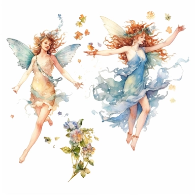 Fantasy Style Ancient Rome style flying tiny flower fairies with watercolor effect,Many flowers,suitable for digital clipart,white background,Mythologic Scene,Ancient rome fashion
