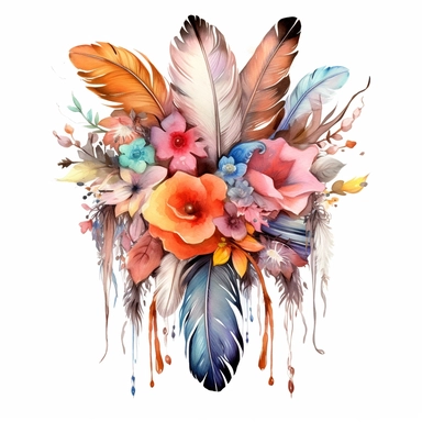 Create a mesmerizing composition of boho flowers and delicate feathers in a watercolor style. The vibrant colors and intricate details of the floral clipart bouquets and feathers come together to form a captivating artwork. Let the bohemian spirit of nature and freedom inspire this enchanting design.
