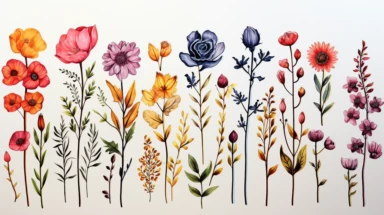 clipart,a set of colorful flowers, leaves, stems, full view, watercolor illustratuion, romantic, vintage postcard style, vibrant color, high quality, black background,