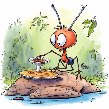 a humanoid looking Ant in water colour in the style of clip art, with big blue eyes lifting food, with humanoid features in the forest under a tree near his ant hill, ants in the background talking and singing