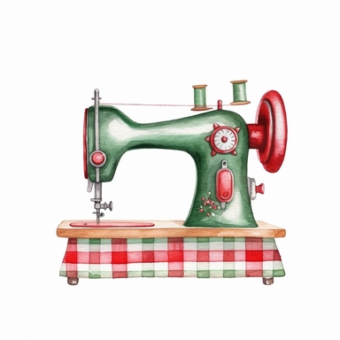 a watercolor sewing machine design of christmas tree, christmas gifts ,in the style plaid green and red color, christmas themed,Cath Kidston, Emma Bridgwater, rose patterns, stripes. Embellishments like glitter, sparkles, polka dots, Watercolor clipart, single design, single object,print on demand image, PNG transparent background, white background for removing background - - no text shadow font watermark, 8k
