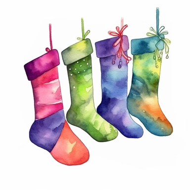 watercolor style, colorful hanging Christmass socks, clipart,On White Backgroud