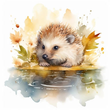 Adorable baby hedgehog watercolor clipart depicting a whimsical scene of a tiny hedgehog enjoying a refreshing dip in a crystal-clear pond, tiny water droplets glistening on its fur, reflections of surrounding trees dancing on the water's surface, a sense of tranquility and contentment in the hedgehog's expression, Artwork, digital painting with watercolor texture,