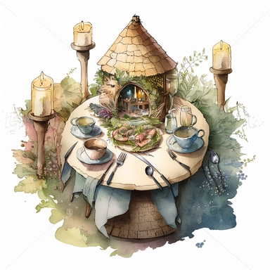 A hyper - detailed illustration watercolor clipart of a whimsical dining table of a fairy house built out of natural materials by a human, delicious fairy style dinner, table cloth and candle glass watercolor illustration, illustration style a combination of Beatrix Potter and Tove Jansson, isolated on white background with margins, cut - out images, zoom on table , close up view from table top