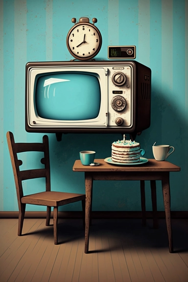 Stunning art of room landscape, happy birthday cake, minimalism, bright colors, old antique tv , walls , clock, table , chair , clip art, blue brown black and white color